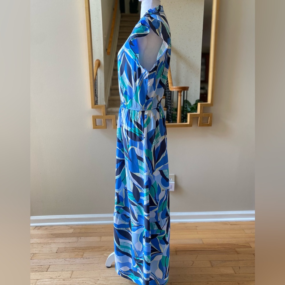 LOFT Blue Green Abstract Print Ruffle Sleeve Maxi Dress Large Petite - Picture 4 of 15